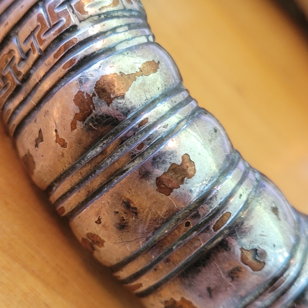 Vintage Silver Tone Floral Greek Key Bangle Bracelet Ornate 54g